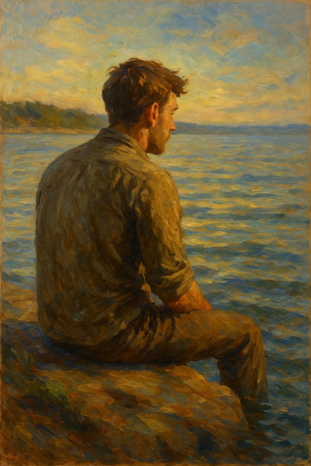 Социальные сети AI image: create a image of an guy sitting at the water 

{
  "oilPaintingStyle": {
    "fundamentalPrinciples