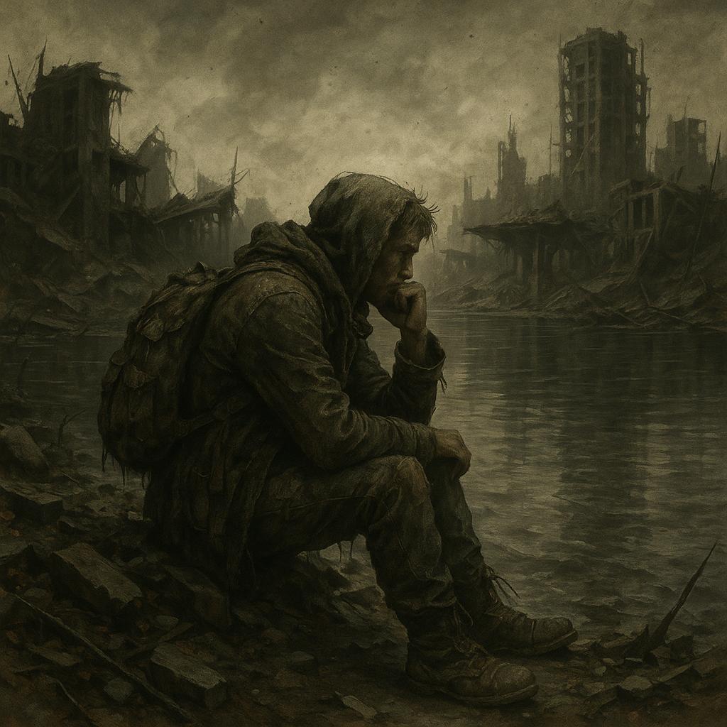 A guy sitting at the water and thinking