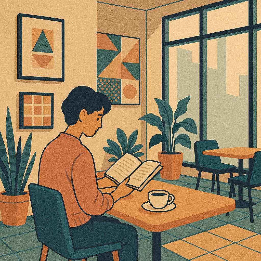 Modern coffee shop scene with minimalist interior, person reading, geometric patterns, plants, large