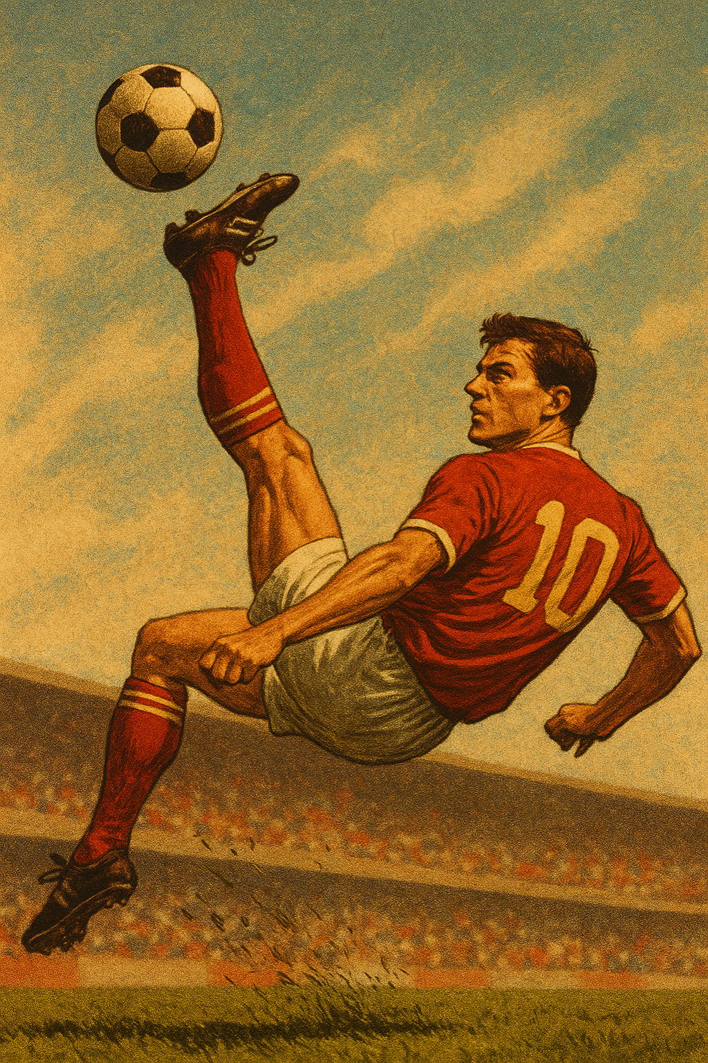 Dynamic moment of soccer player mid-bicycle kick, ball frozen in air, stadium crowd blurred in backg