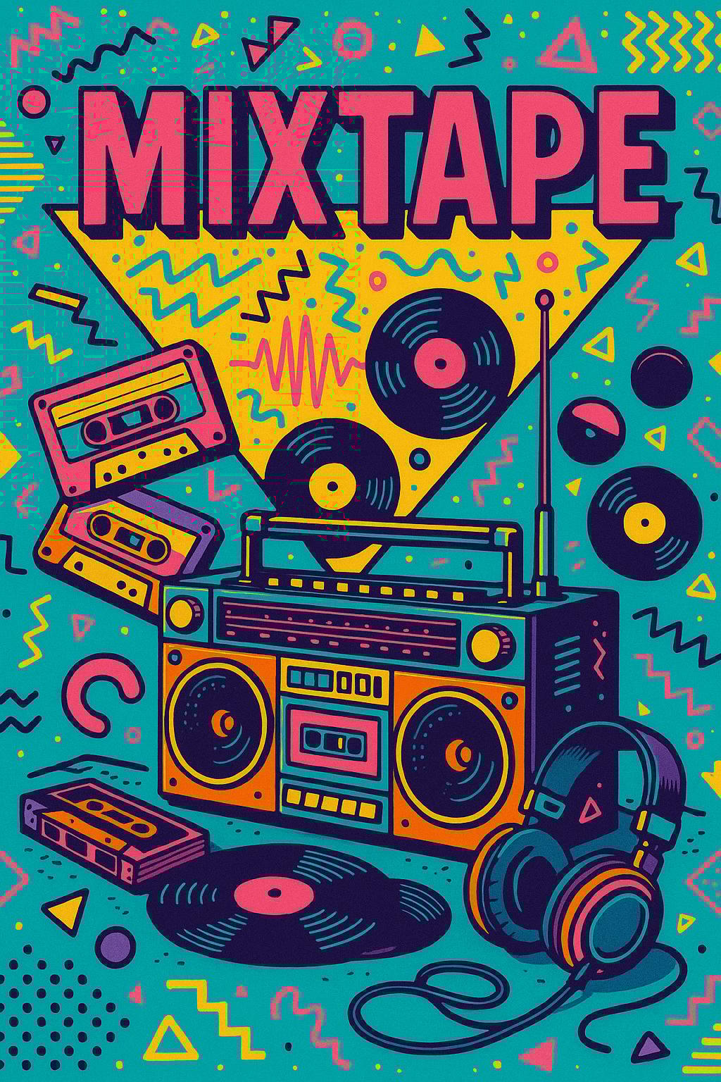 Vintage boombox with cassette tapes, vinyl records, retro headphones, abstract sound waves, bold typ