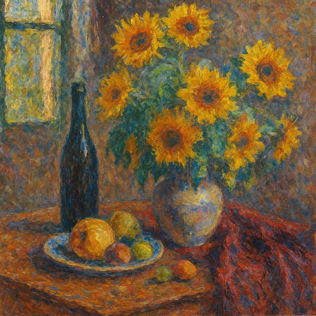 Still life with ceramic vase of sunflowers, fresh fruits, wine bottle, draped velvet fabric on woode