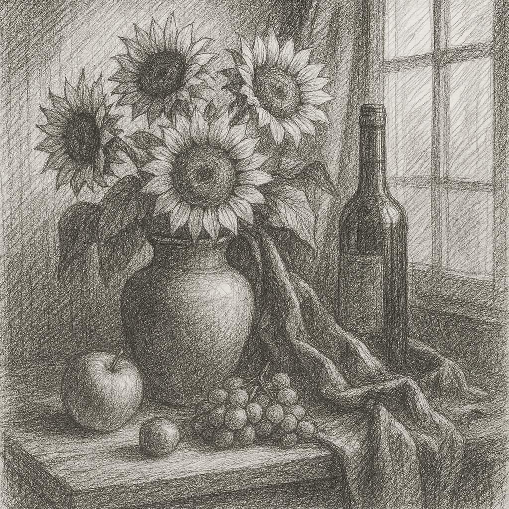 Still life with ceramic vase of sunflowers, fresh fruits, wine bottle, draped velvet fabric on woode
