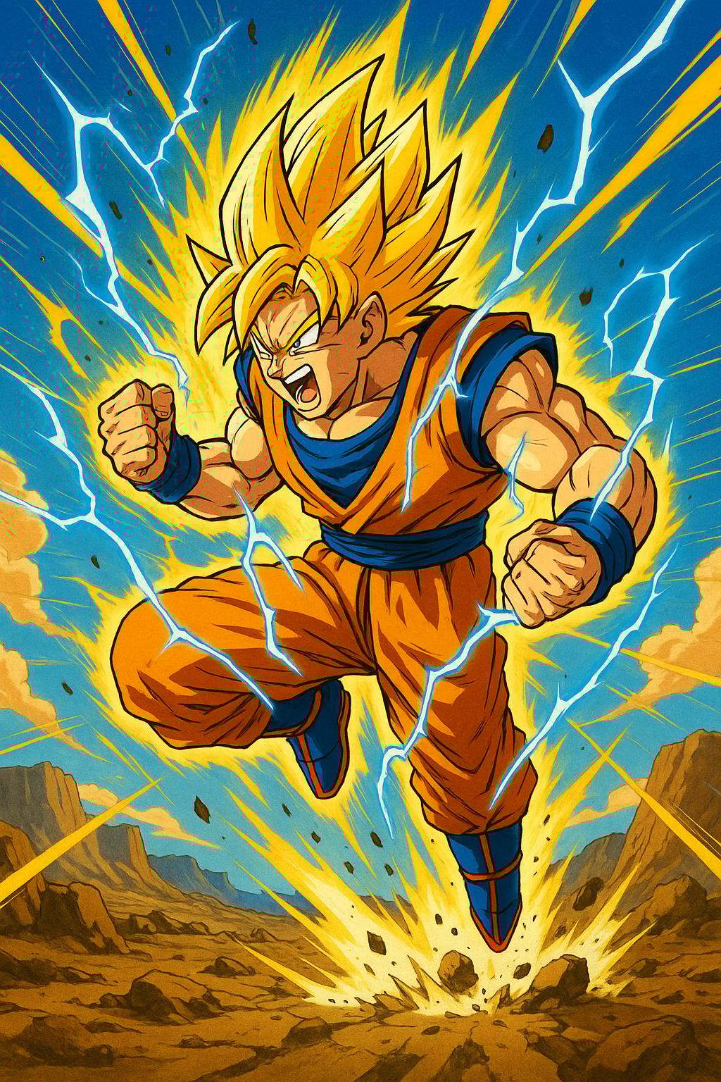 Illustrate in the iconic Dragon Ball anime style, featuring hyper-muscular characters with gravity-d