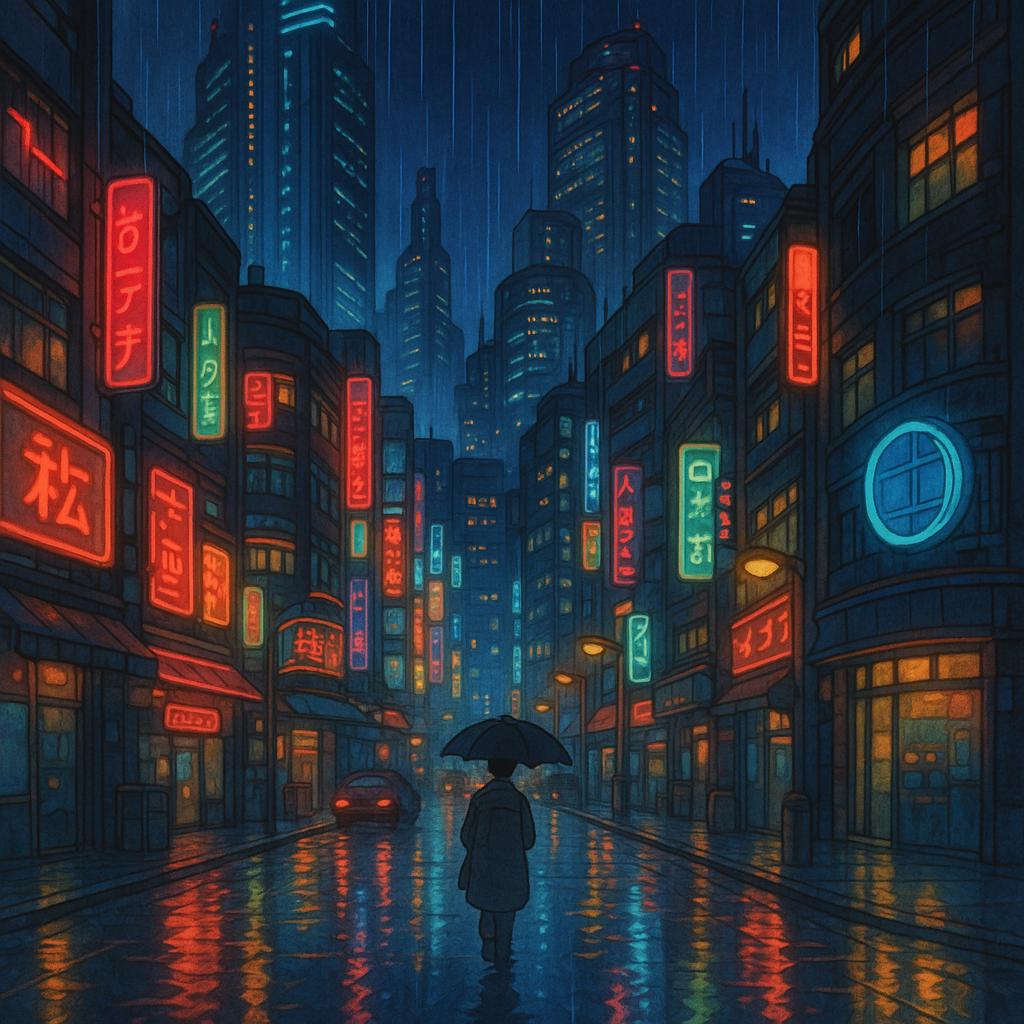 cityscape at night, neon lights, rain-soaked streets, futuristic buildings, Blade Runner style.
