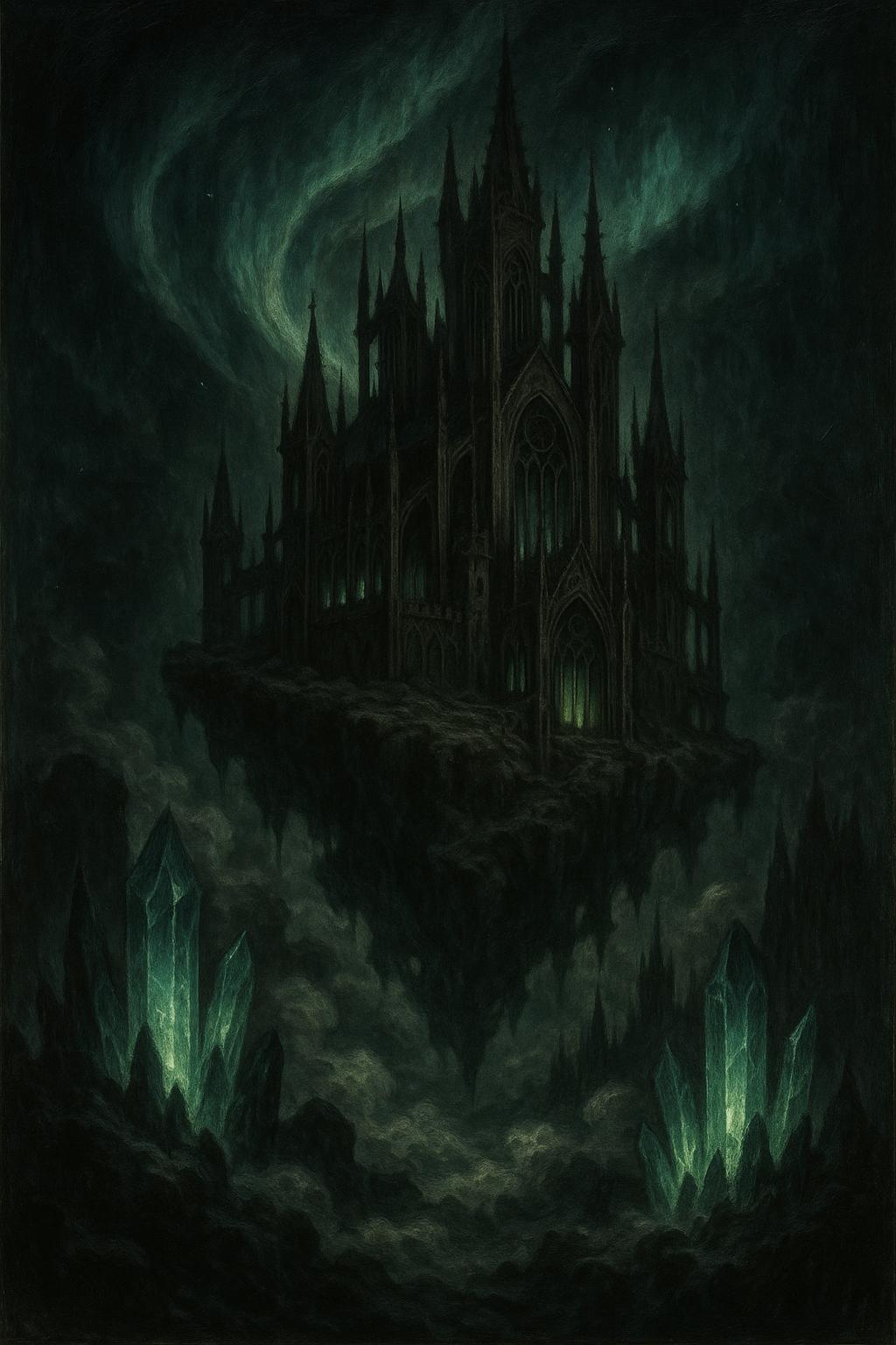 Mystical floating castle in clouds, glowing crystals, ancient architecture, magical aurora in sky, e