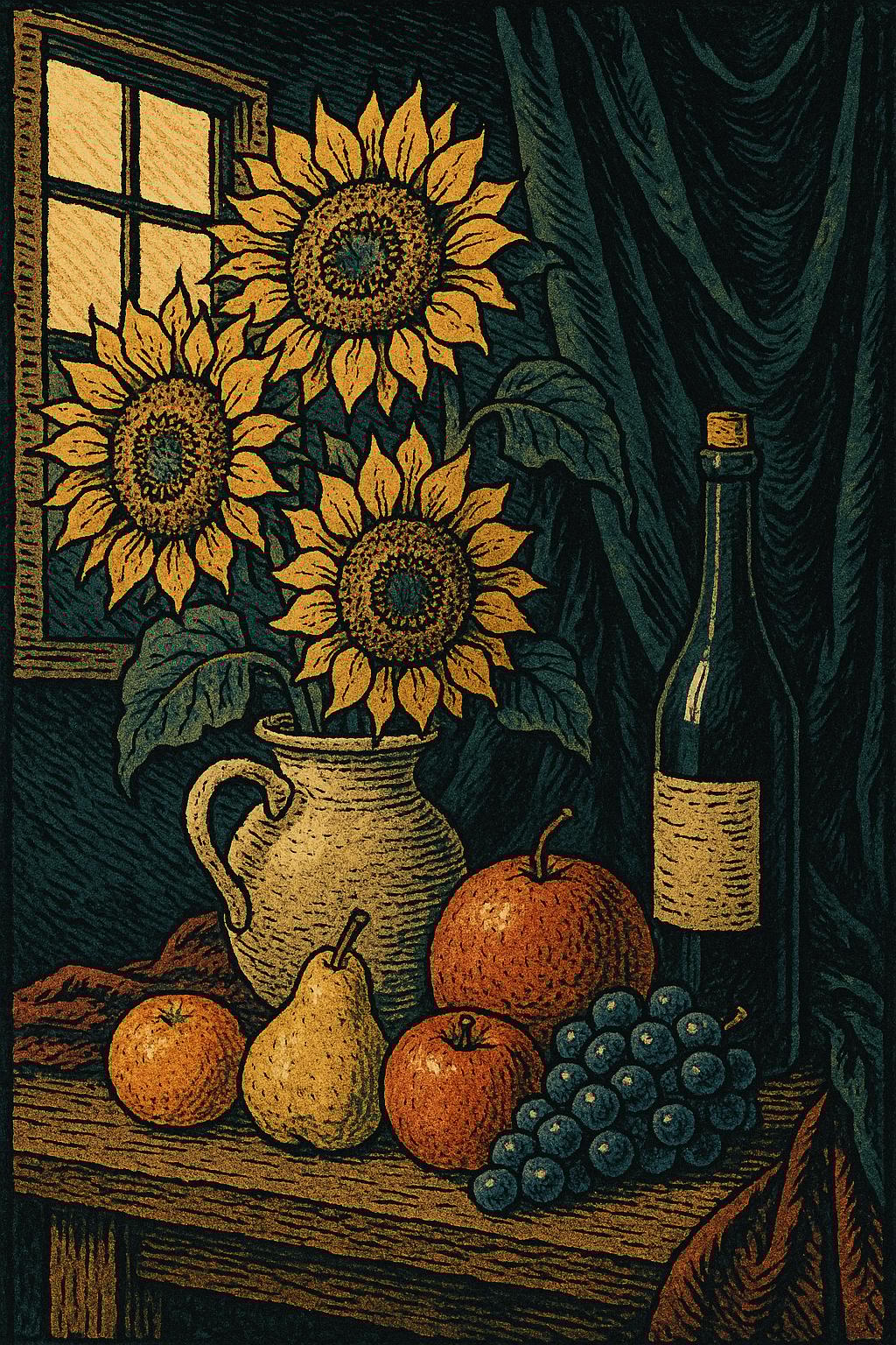 Still life with ceramic vase of sunflowers, fresh fruits, wine bottle, draped velvet fabric on woode