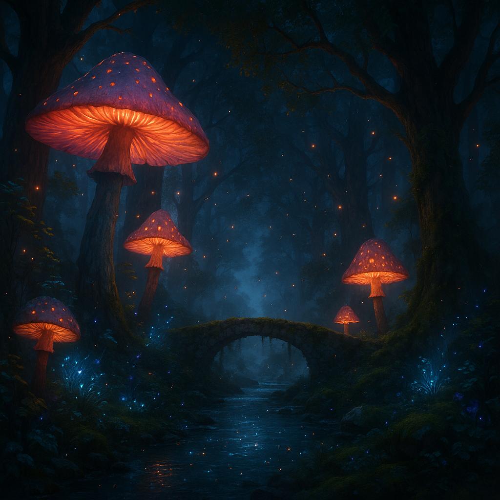 Enchanted forest with massive glowing mushrooms, bioluminescent plants, fairy lights dancing between