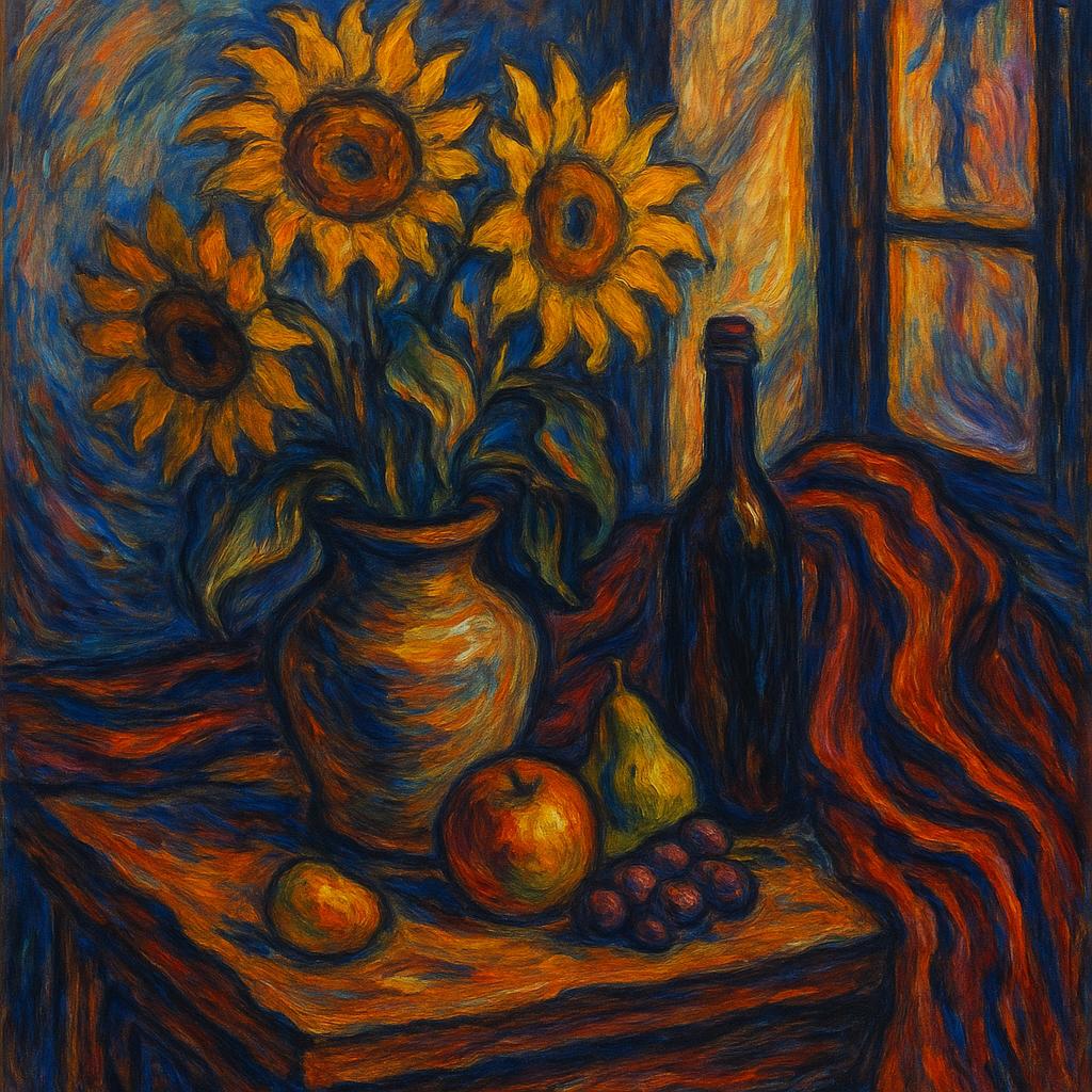Социальные сети AI image: Still life with ceramic vase of sunflowers, fresh fruits, wine bottle, draped velvet fabric on woode