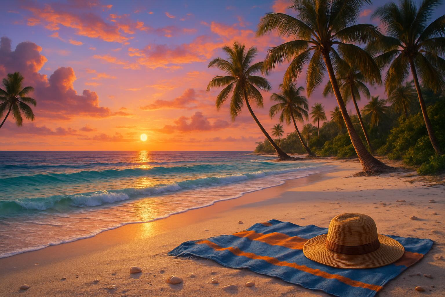 A serene tropical beach at sunset, with soft waves gently lapping at the shore. The sky is painted i