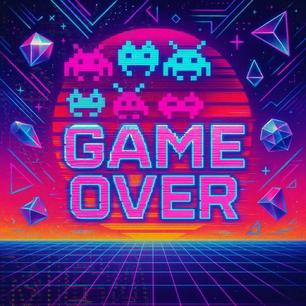 Retro arcade game scene with neon 'GAME OVER' text, pixel art space invaders, geometric patterns, ho