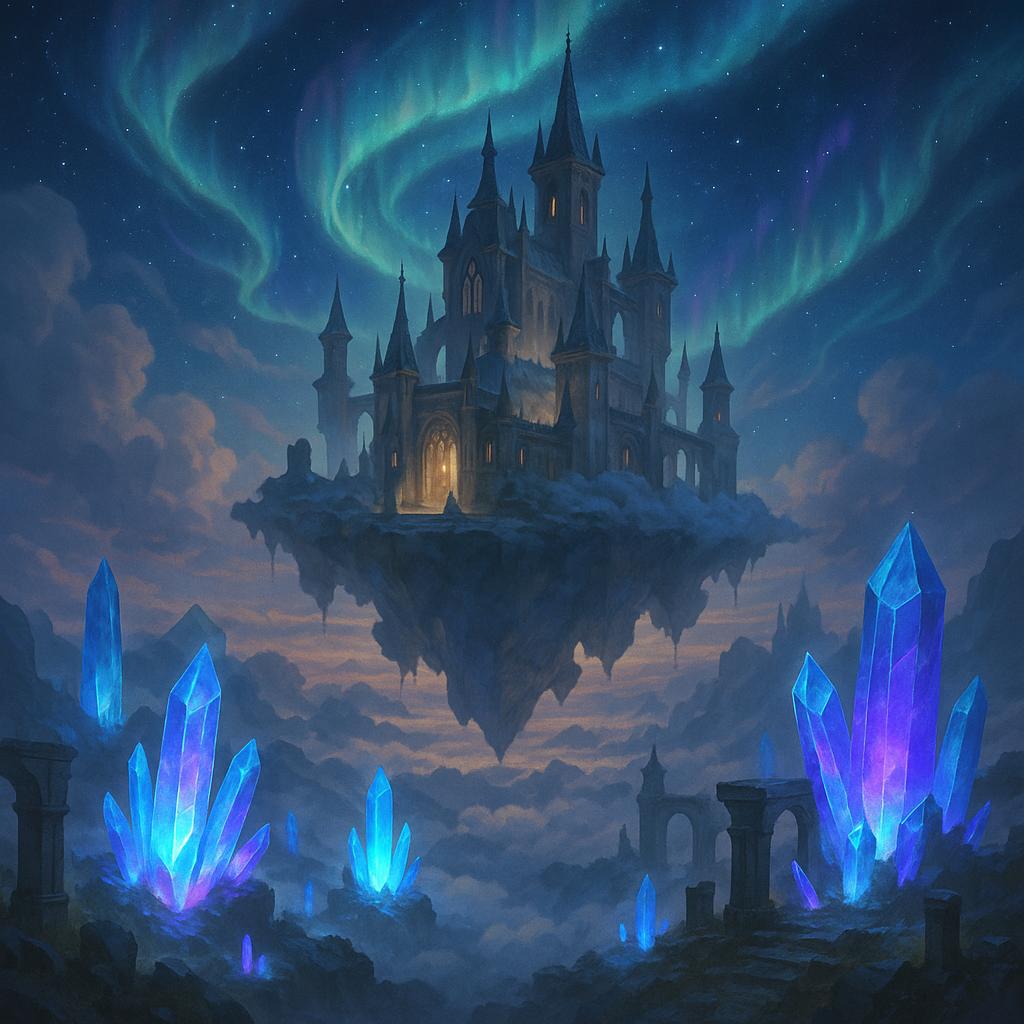 Mystical floating castle in clouds, glowing crystals, ancient architecture, magical aurora in sky, e