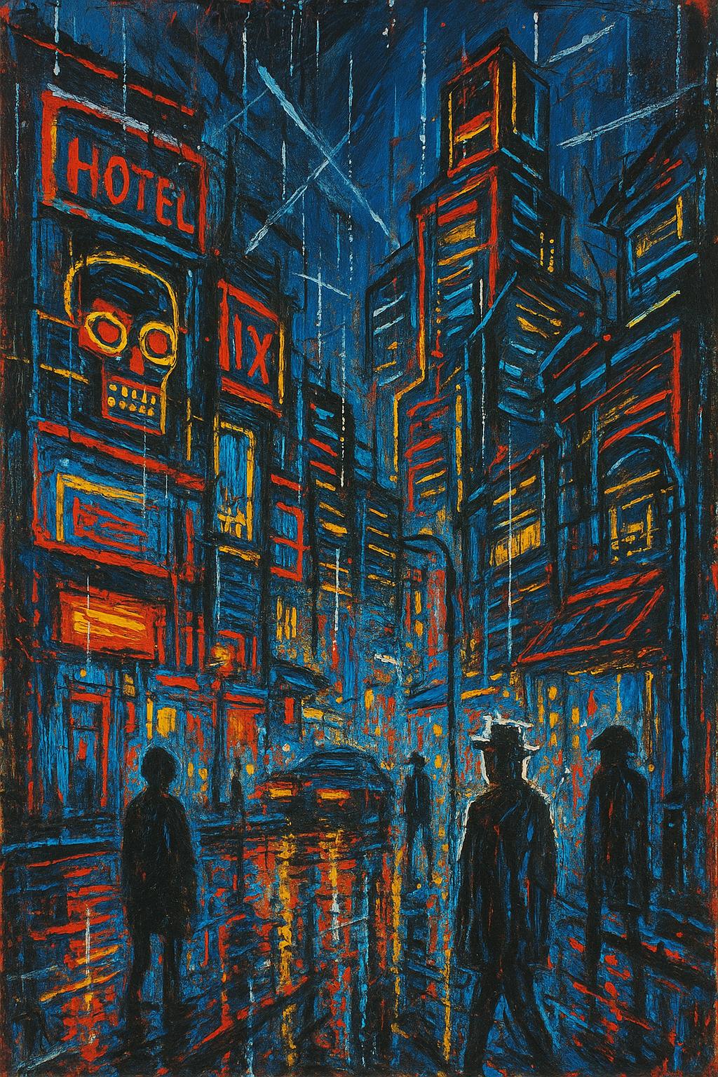 cityscape at night, neon lights, rain-soaked streets, futuristic buildings, Blade Runner style.
