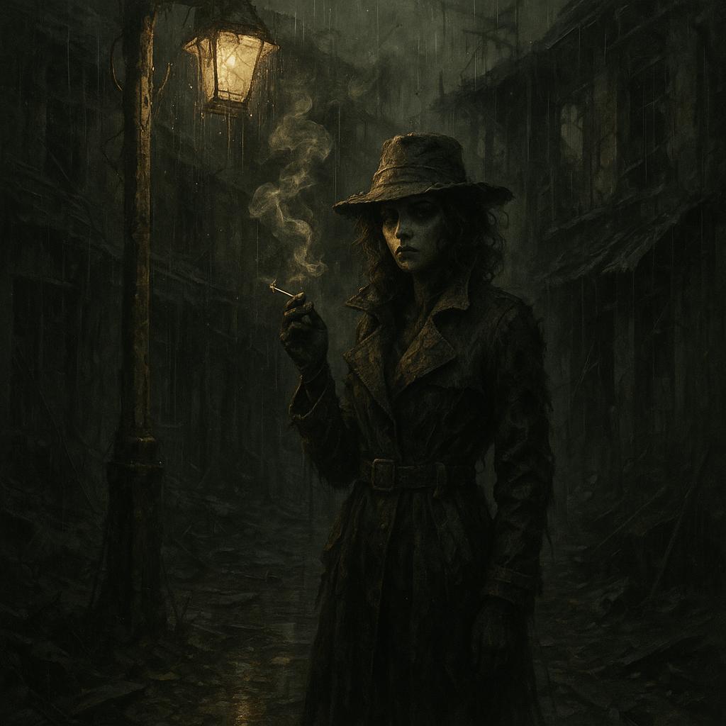 A mysterious woman in a black trench coat standing under a flickering streetlight in a rain-soaked alley, cigarette smok