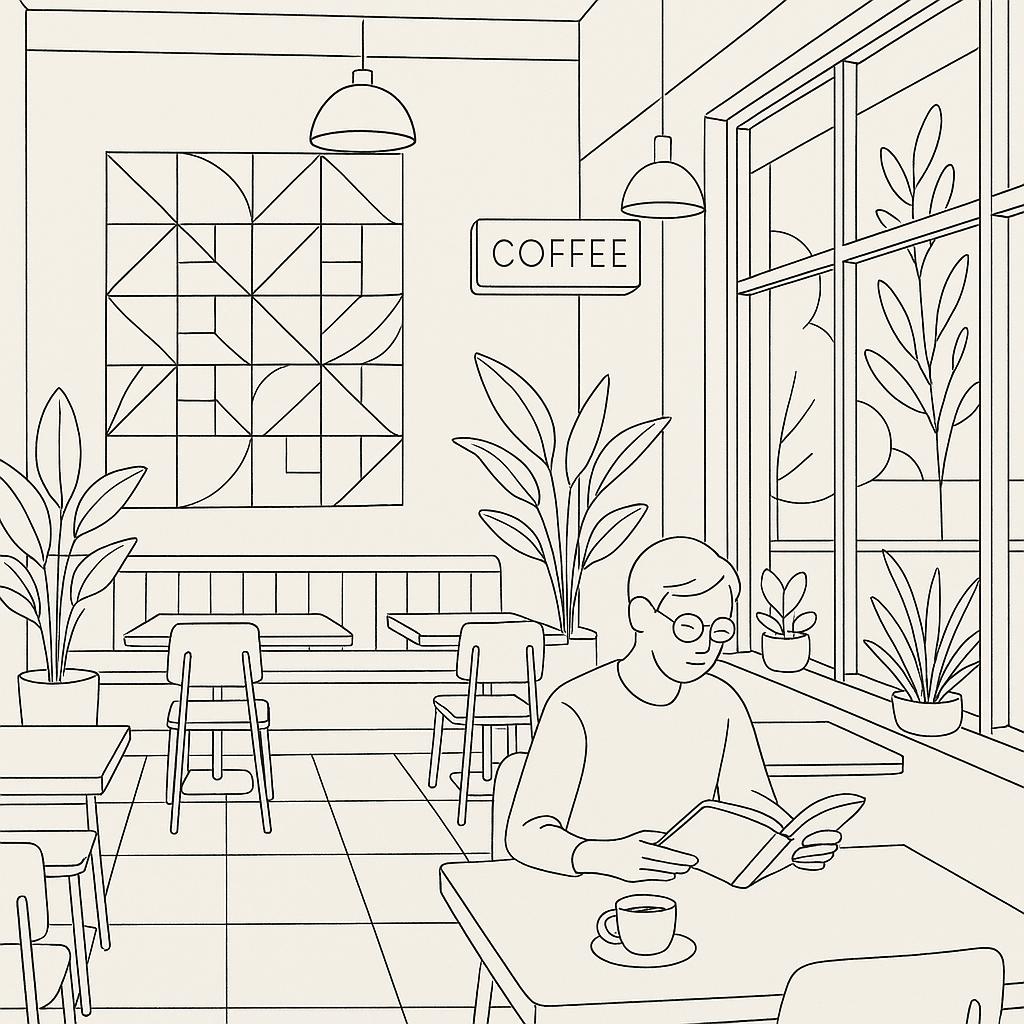 Modern coffee shop scene with minimalist interior, person reading, geometric patterns, plants, large