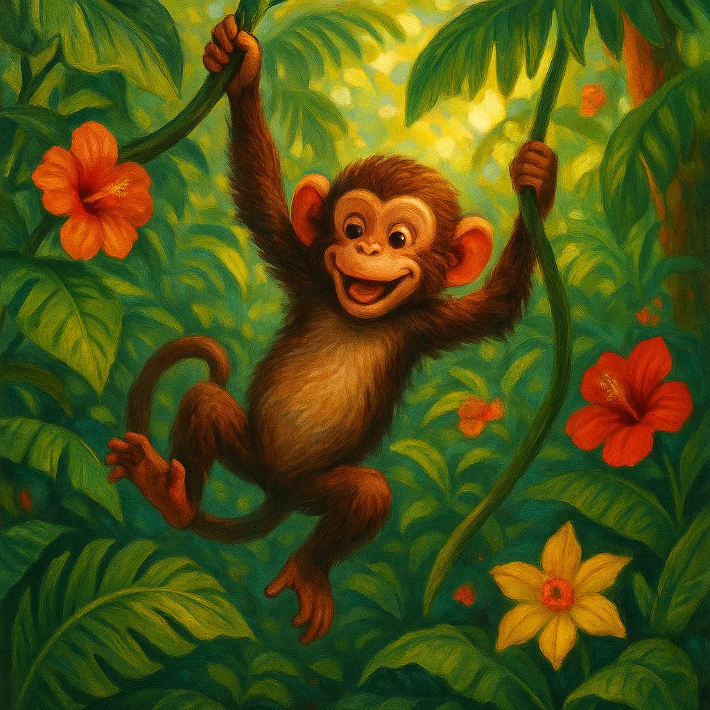A whimsical and vibrant illustration of a playful monkey swinging through a lush tropical jungle, su