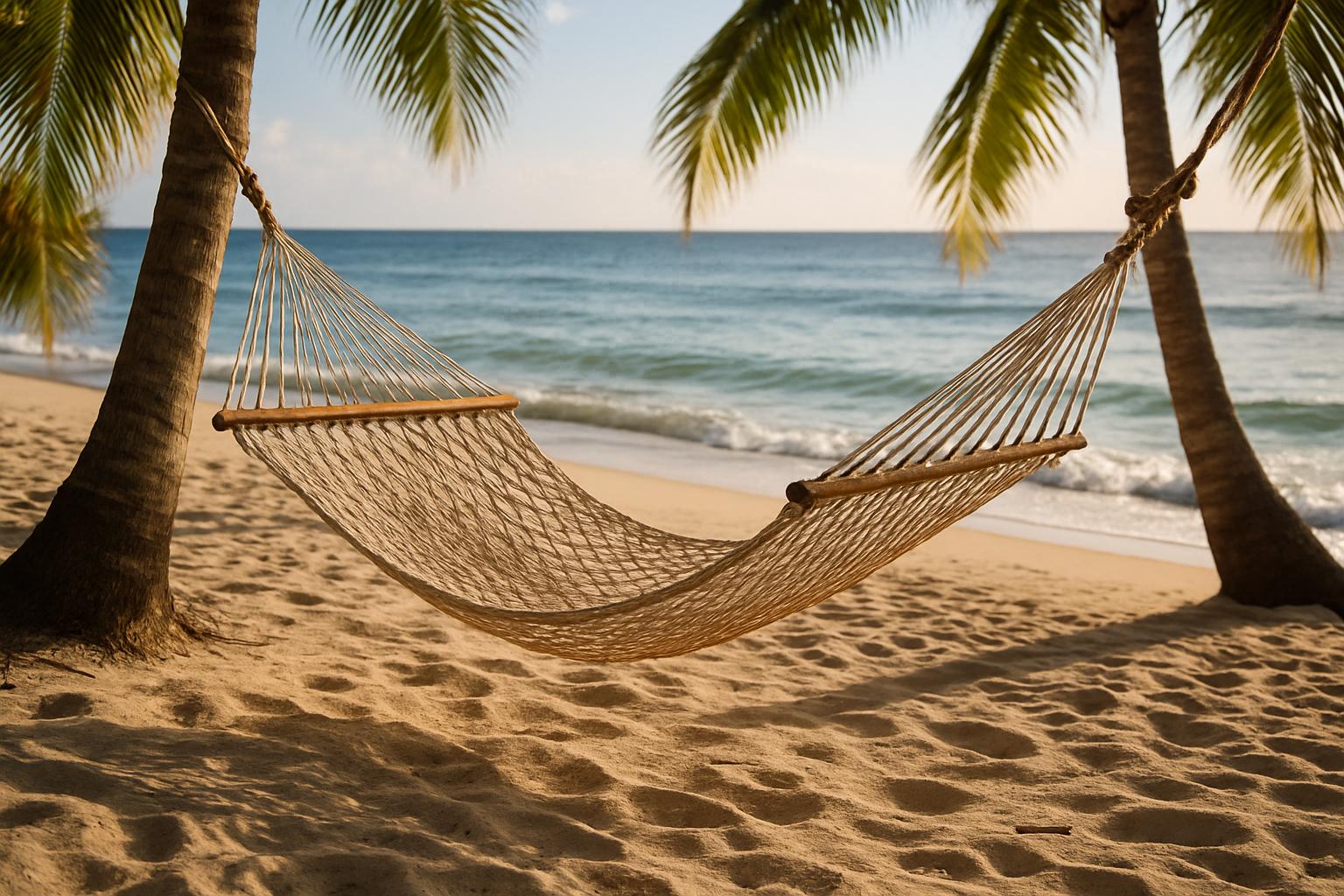 a beach with a hammok
