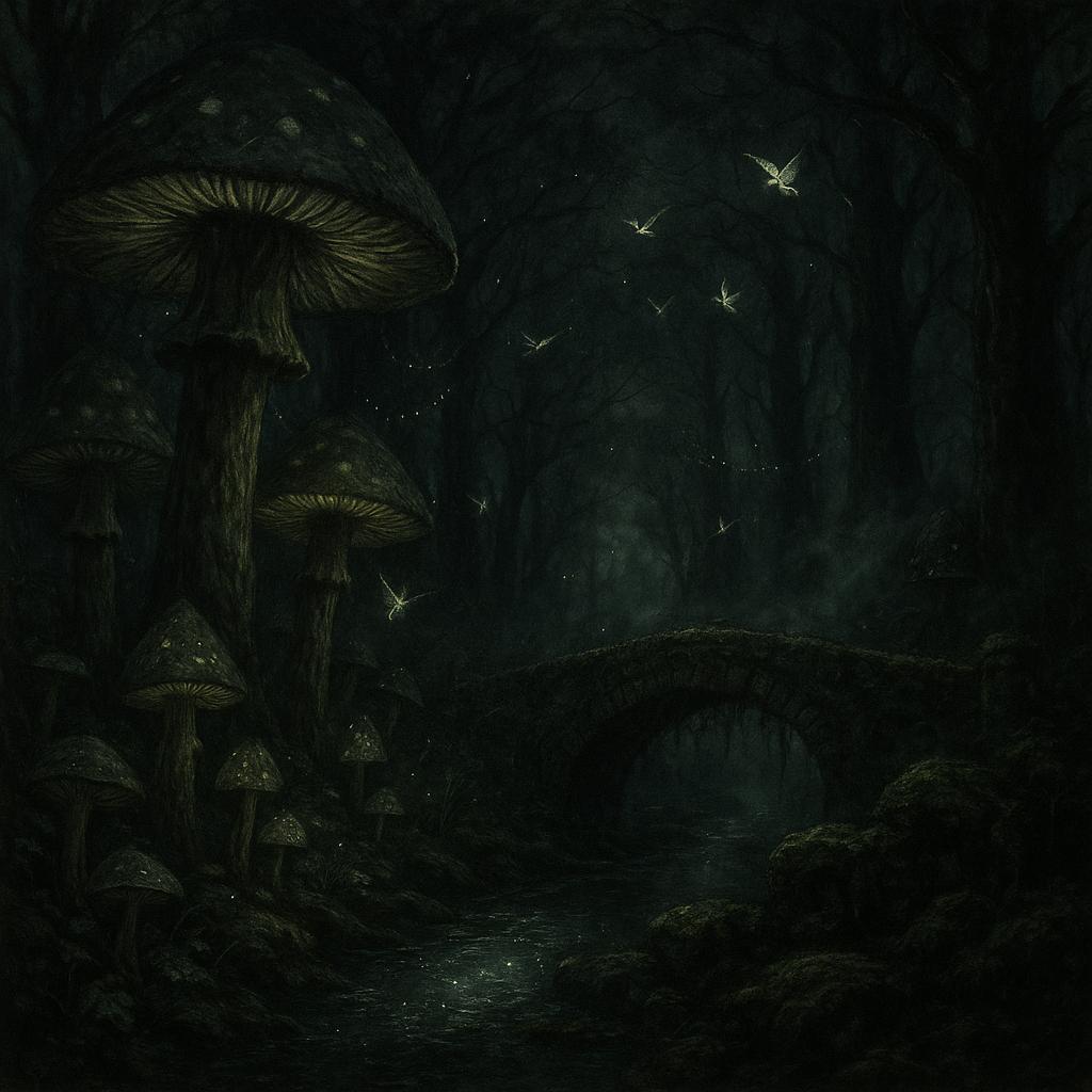 Enchanted forest with massive glowing mushrooms, bioluminescent plants, fairy lights dancing between