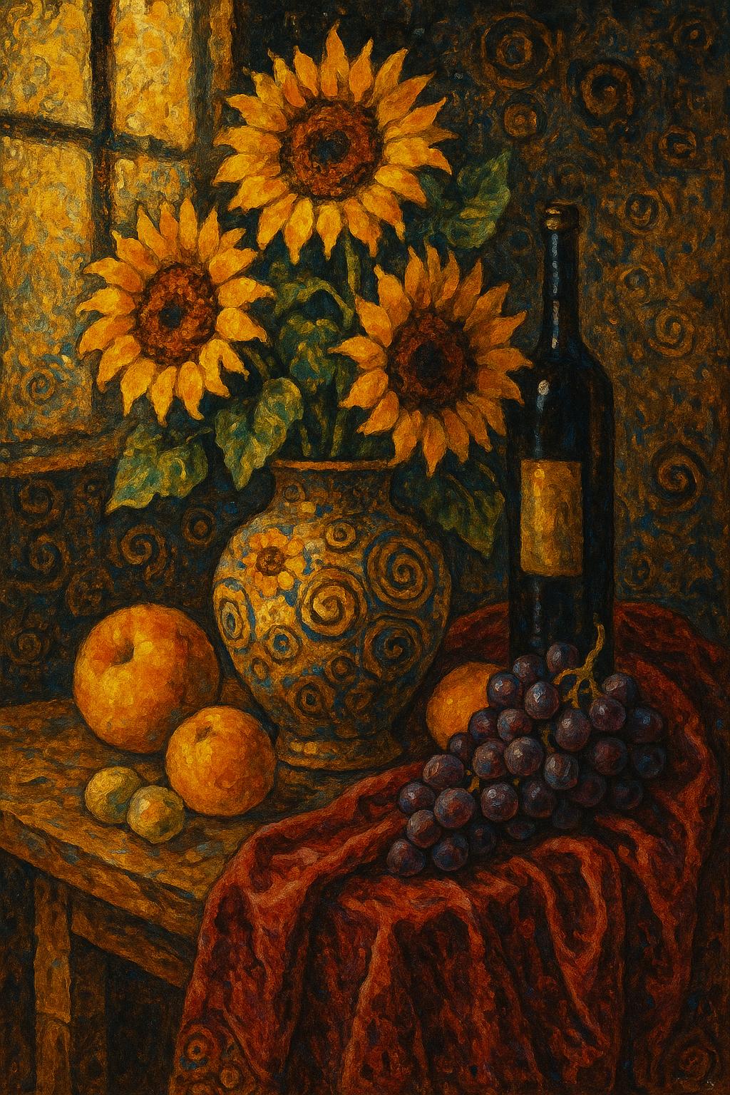 Still life with ceramic vase of sunflowers, fresh fruits, wine bottle, draped velvet fabric on woode