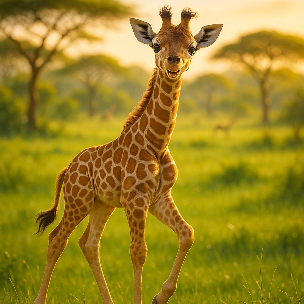 "An adorable, playful baby giraffe standing in a lush green savanna, bathed in warm golden sunlight.