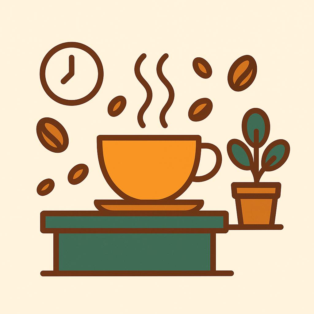 Create a flat vector illustration of a modern coffee shop scene. The design should feature:
	•	Style