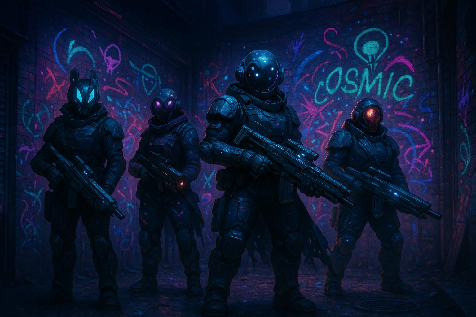 street gang, neon graffiti, dark alley, futuristic weapons, gritty style.