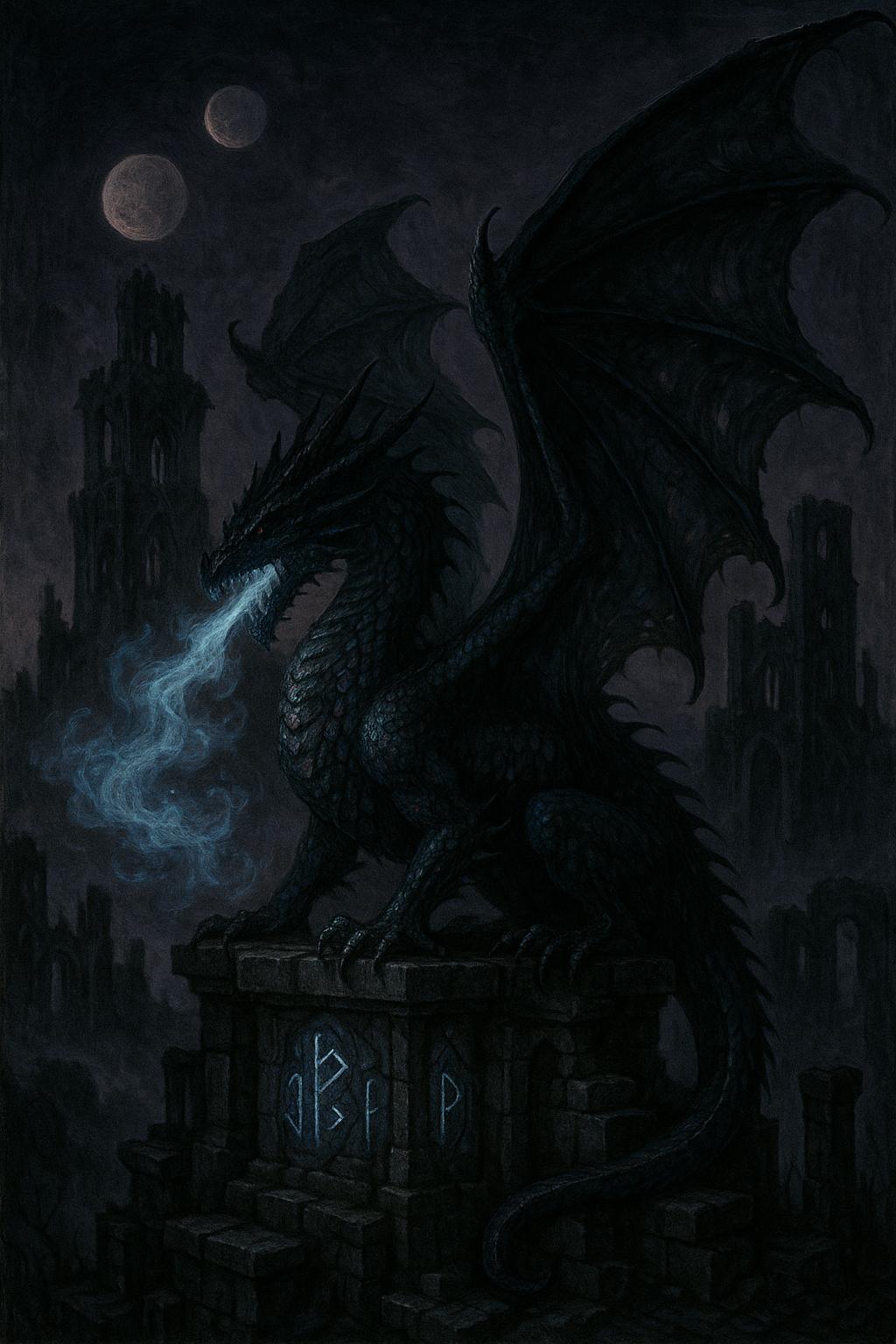 Majestic dragon perched on ancient stone ruins at sunset, massive wings spread, scales shimmering wi