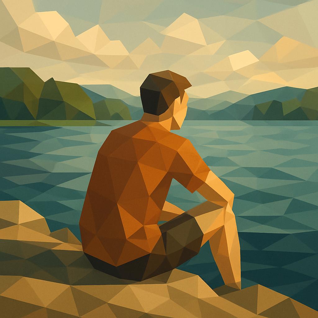create a Low Poly image of an guy sitting at the water
