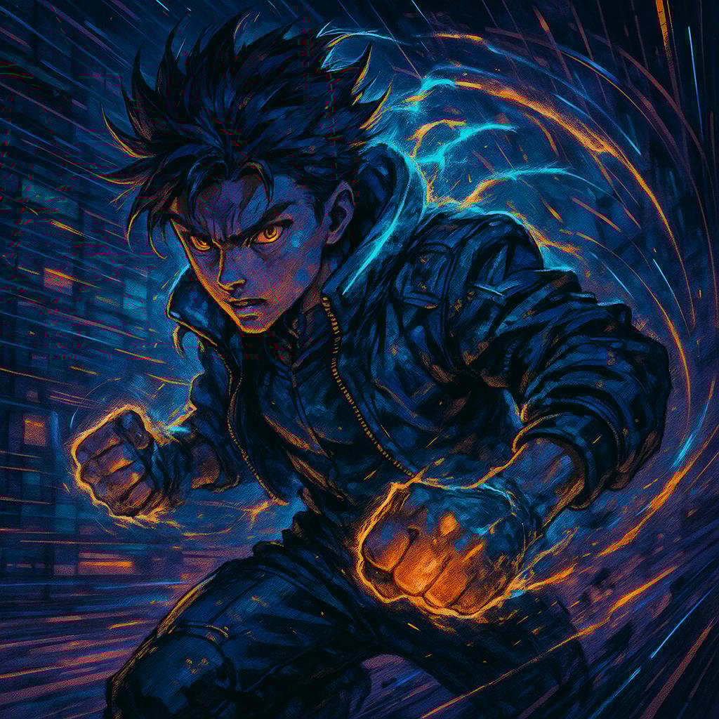 Dynamic action pose of a young warrior with spiky hair, determined expression, glowing energy aura, 