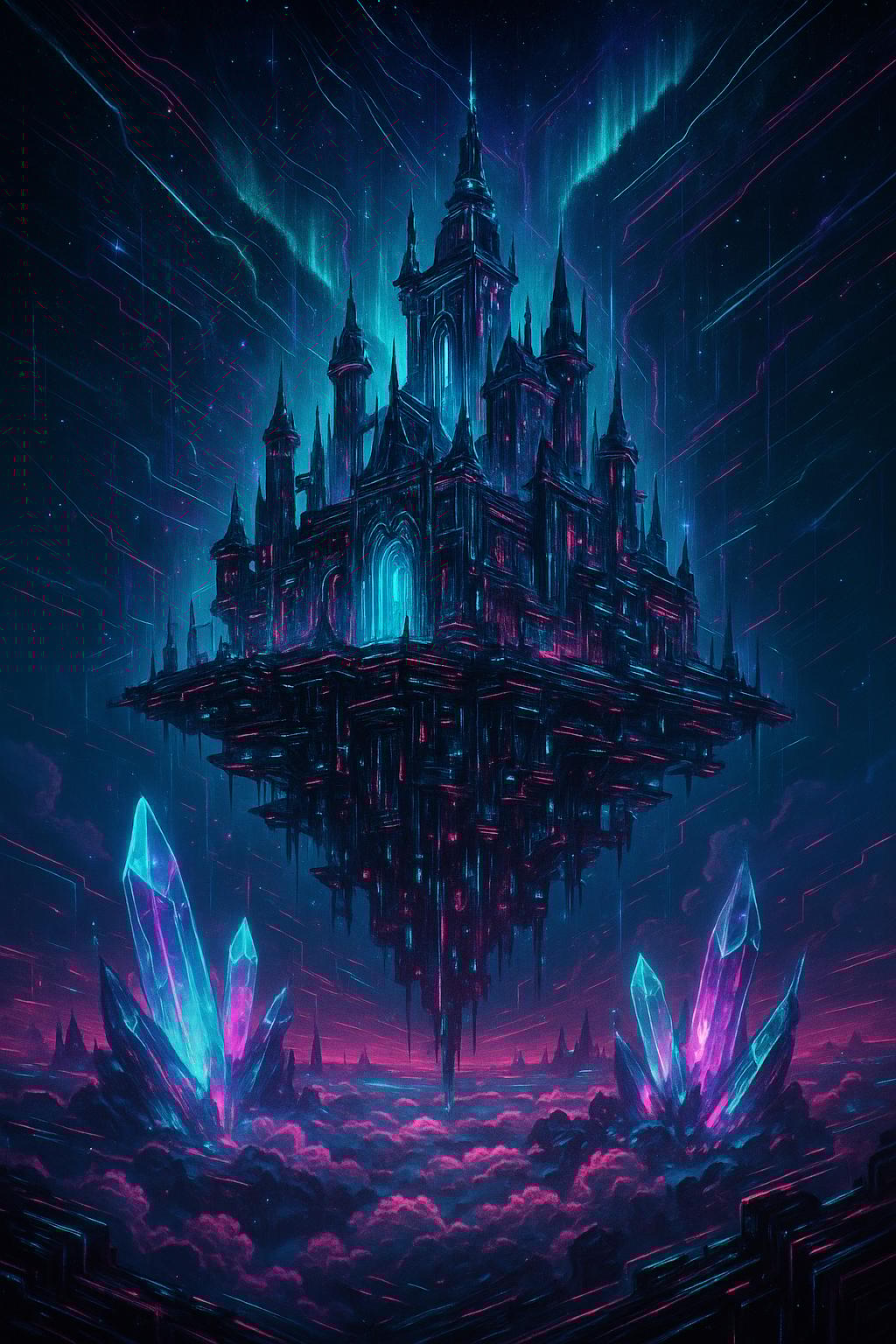 Mystical floating castle in clouds, glowing crystals, ancient architecture, magical aurora in sky, e