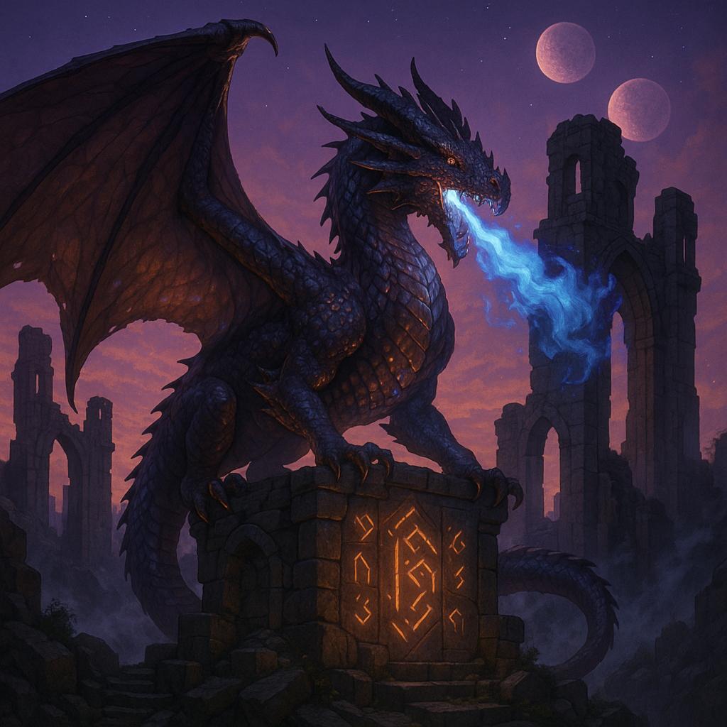 Majestic dragon perched on ancient stone ruins at sunset, massive wings spread, scales shimmering wi