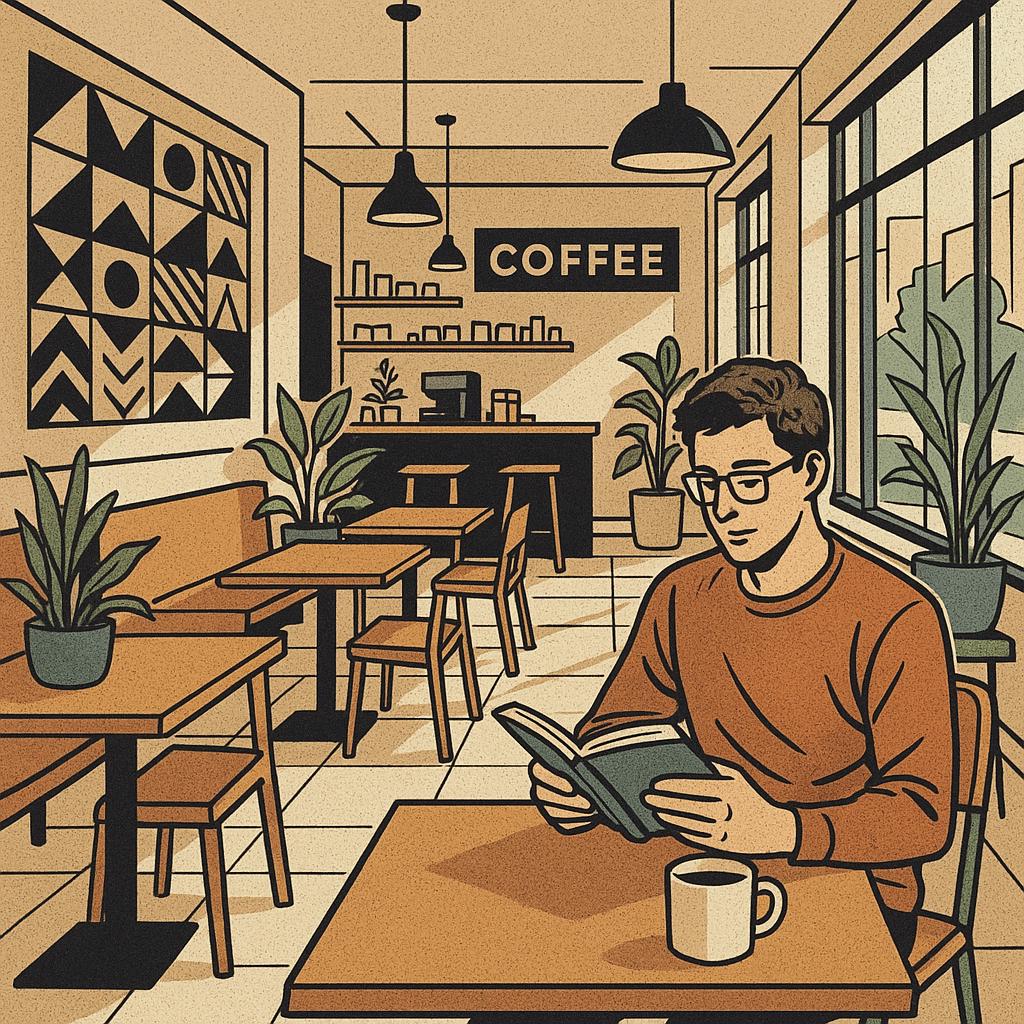 Modern coffee shop scene with minimalist interior, person reading, geometric patterns, plants, large