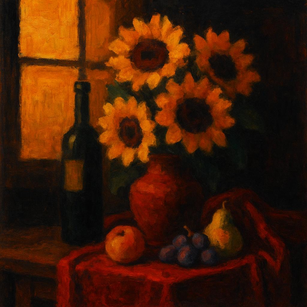 Still life with ceramic vase of sunflowers, fresh fruits, wine bottle, draped velvet fabric on woode