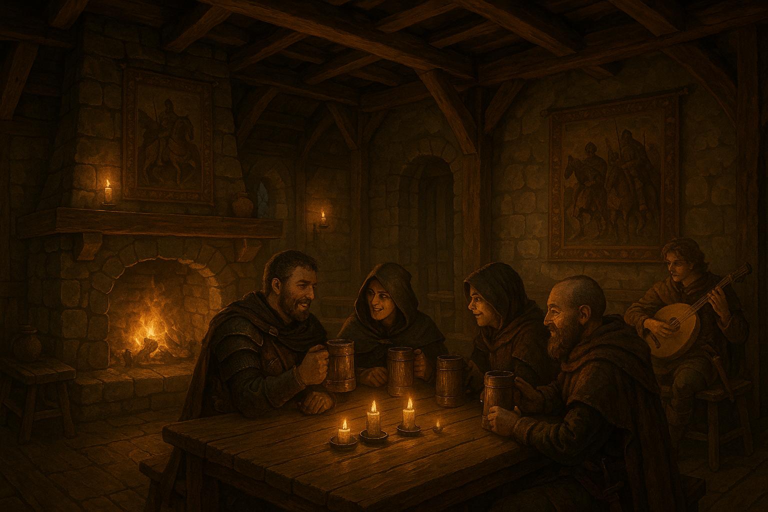 Cozy medieval tavern interior with adventurers gathered around wooden table, stone fireplace crackling, tankards of ale,