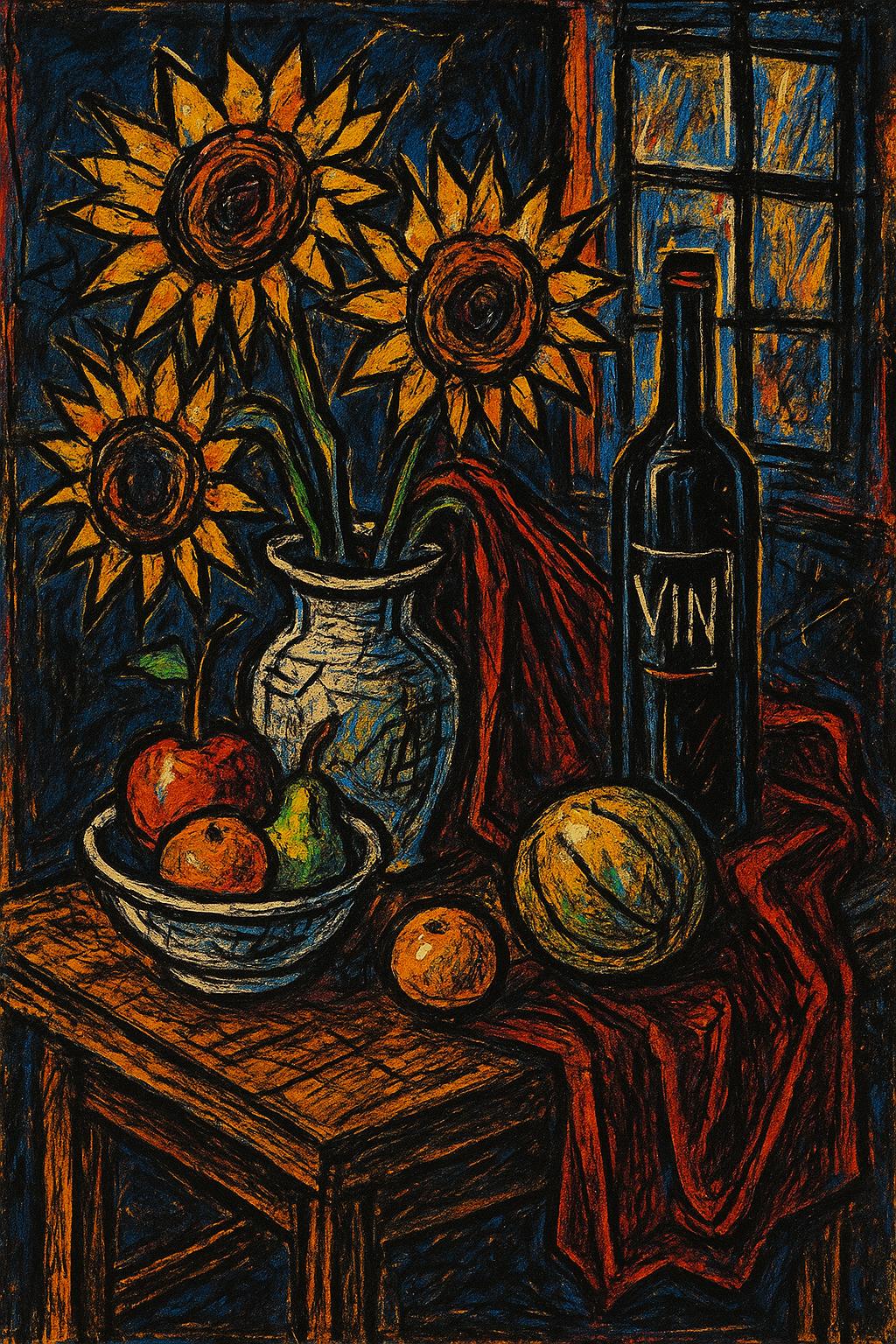 Still life with ceramic vase of sunflowers, fresh fruits, wine bottle, draped velvet fabric on woode