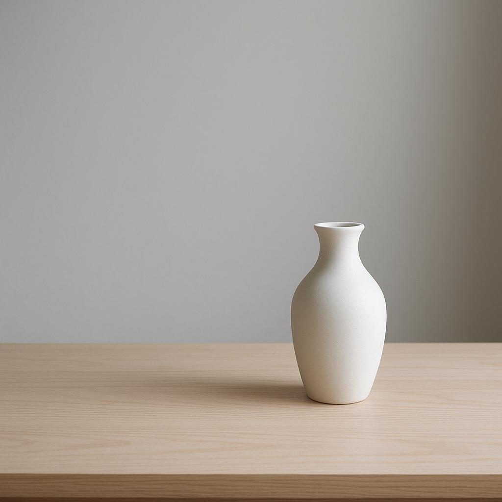 A single white ceramic vase on a clean wooden table against a soft gray background, natural lighting