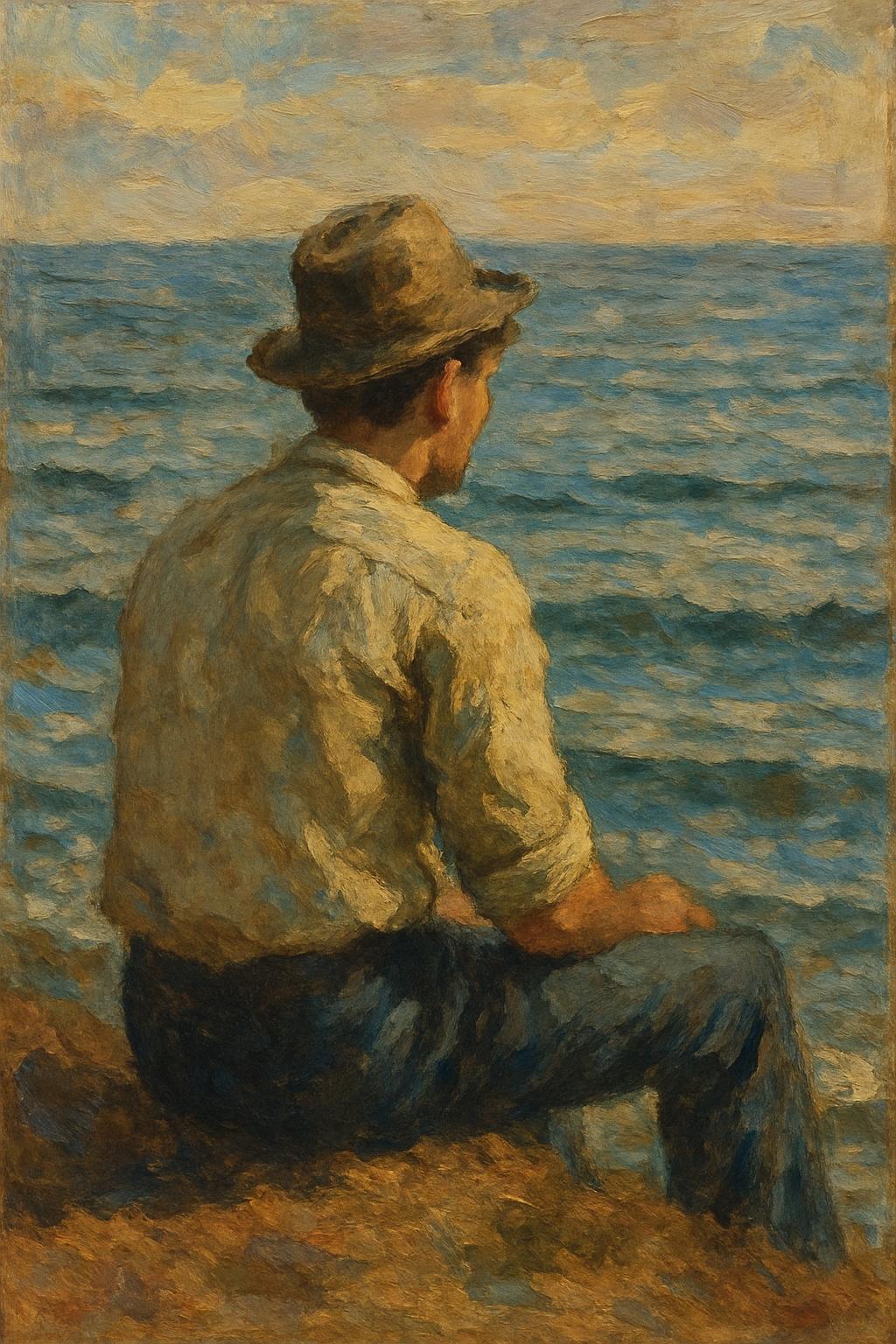 A guy sitting at the water. Create this image in Oil Painting Style

