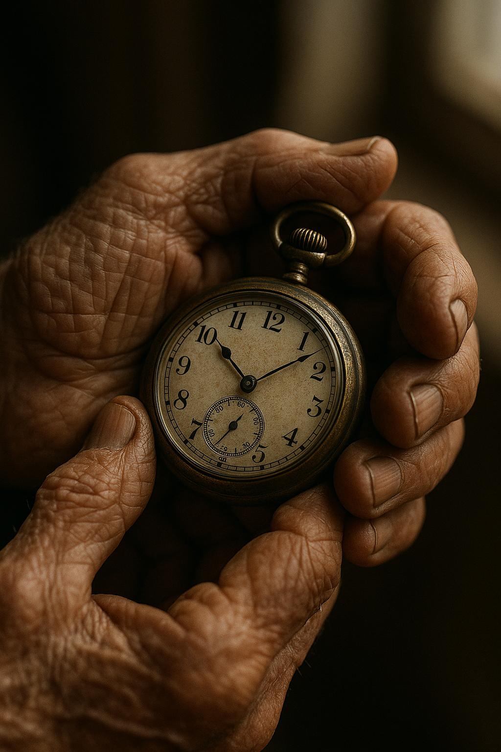 Close-up portrait of elderly person's weathered hands holding antique pocket watch, natural skin tex