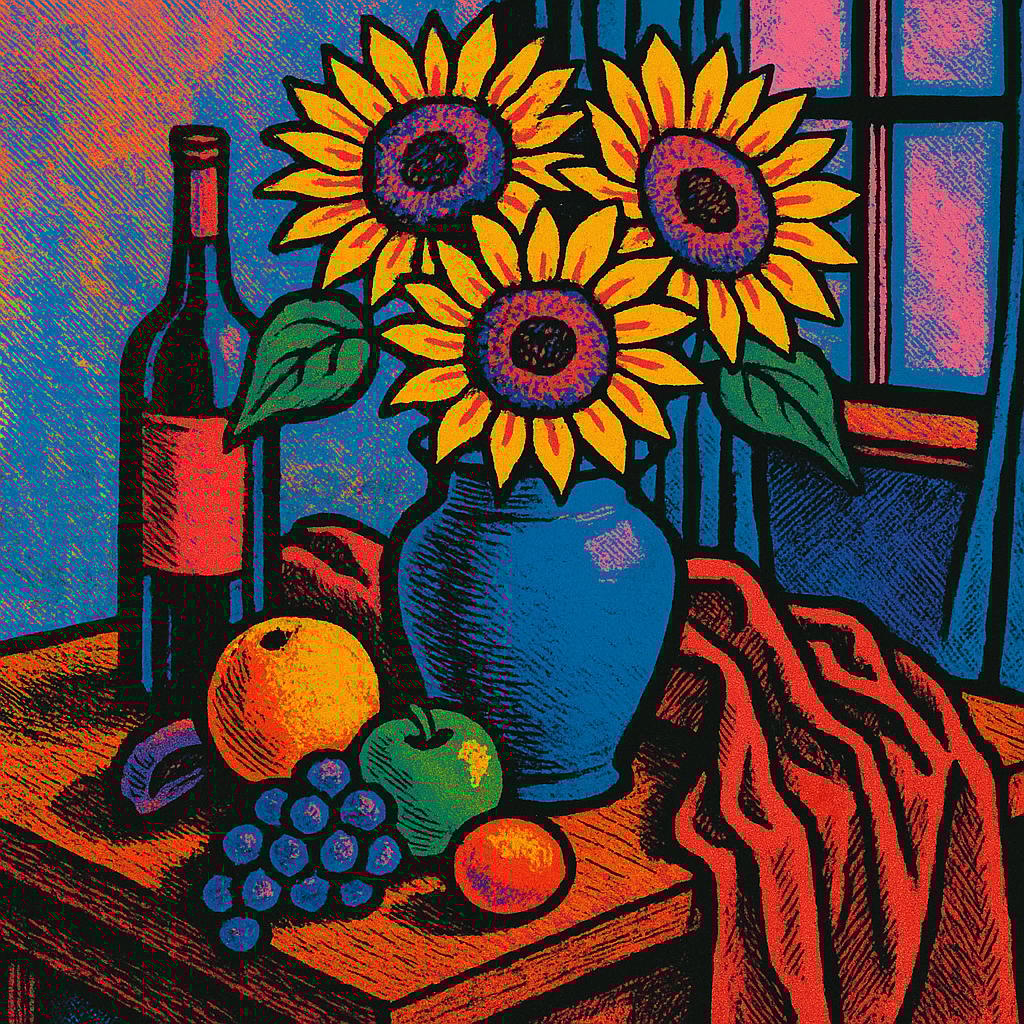 Still life with ceramic vase of sunflowers, fresh fruits, wine bottle, draped velvet fabric on woode