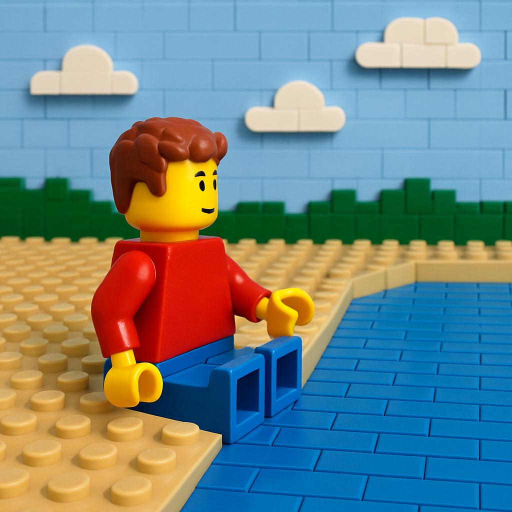 A guy sitting at the water. Create this image in LEGO style
