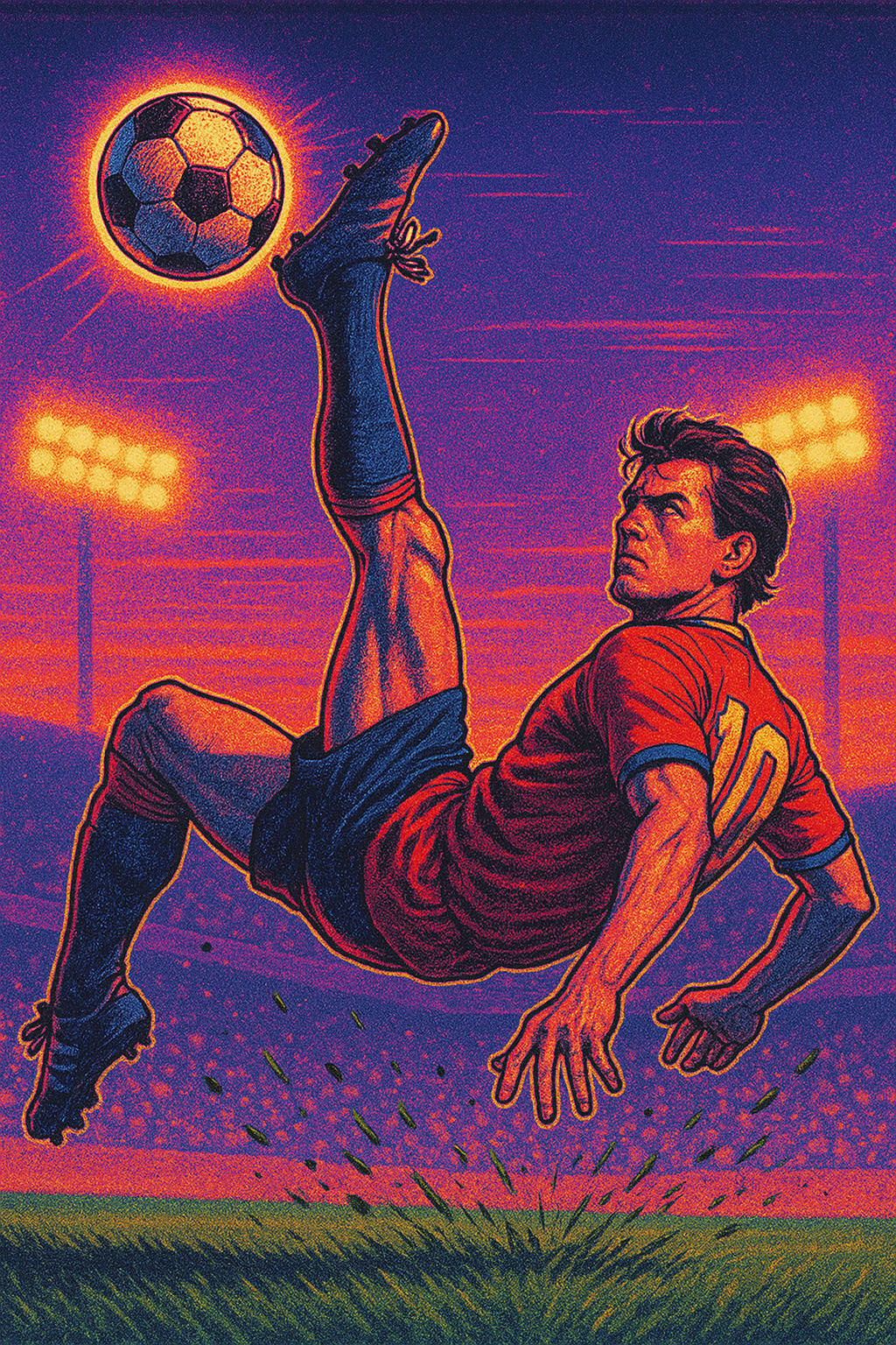 Dynamic moment of soccer player mid-bicycle kick, ball frozen in air, stadium crowd blurred in backg