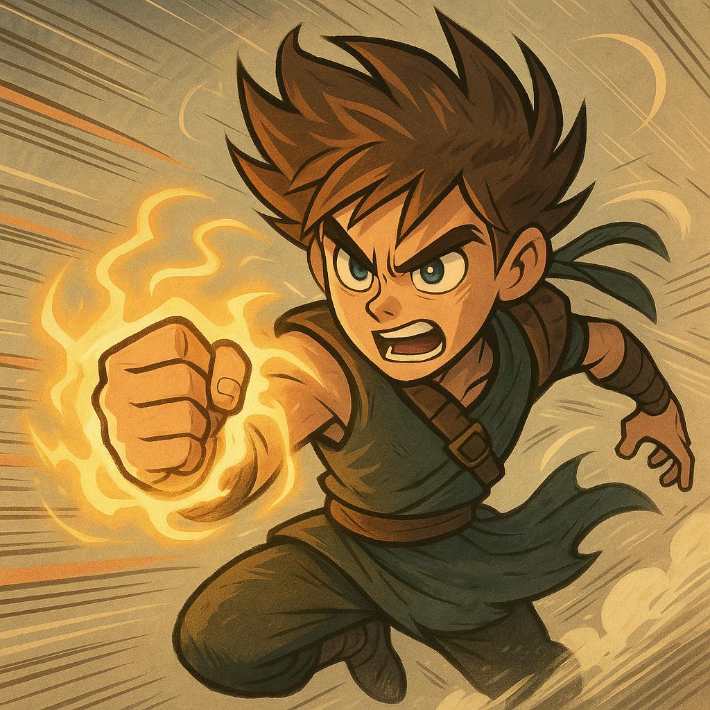 Dynamic action pose of a young warrior with spiky hair, determined expression, glowing energy aura, 