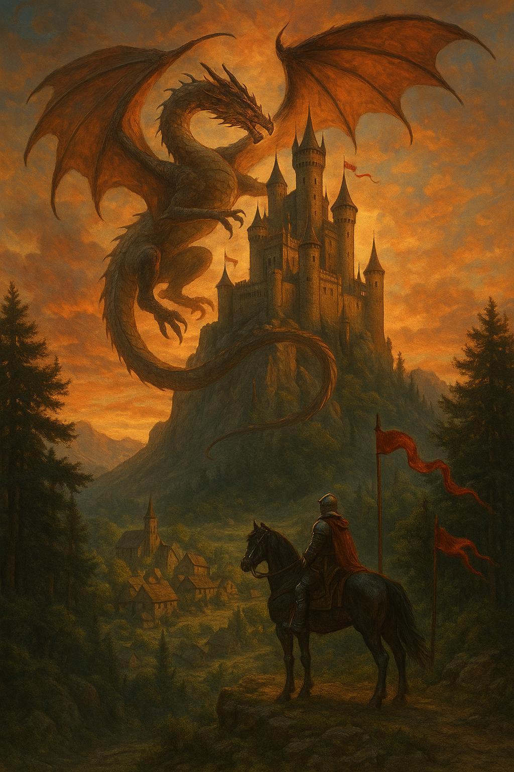 Majestic dragon circling stone castle on mountain peak, knight on horseback below, medieval village 