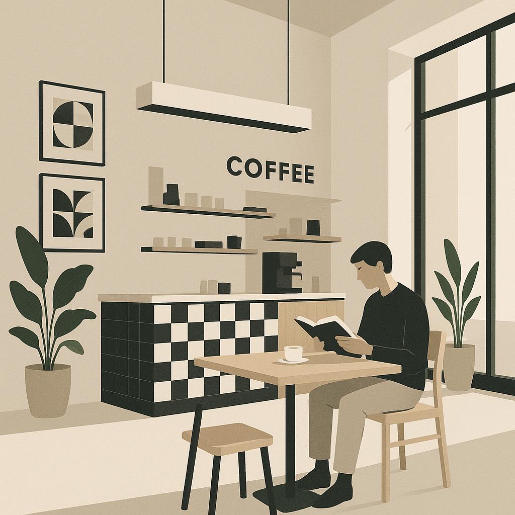 Modern coffee shop scene with minimalist interior, person reading, geometric patterns, plants, large