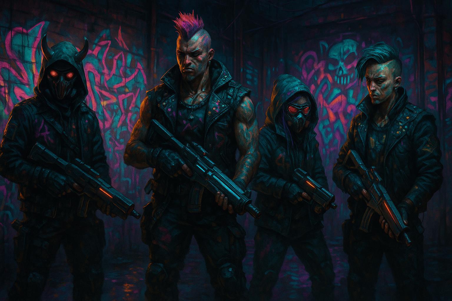 Cyberpunk street gang, neon graffiti, dark alley, futuristic weapons, gritty style.