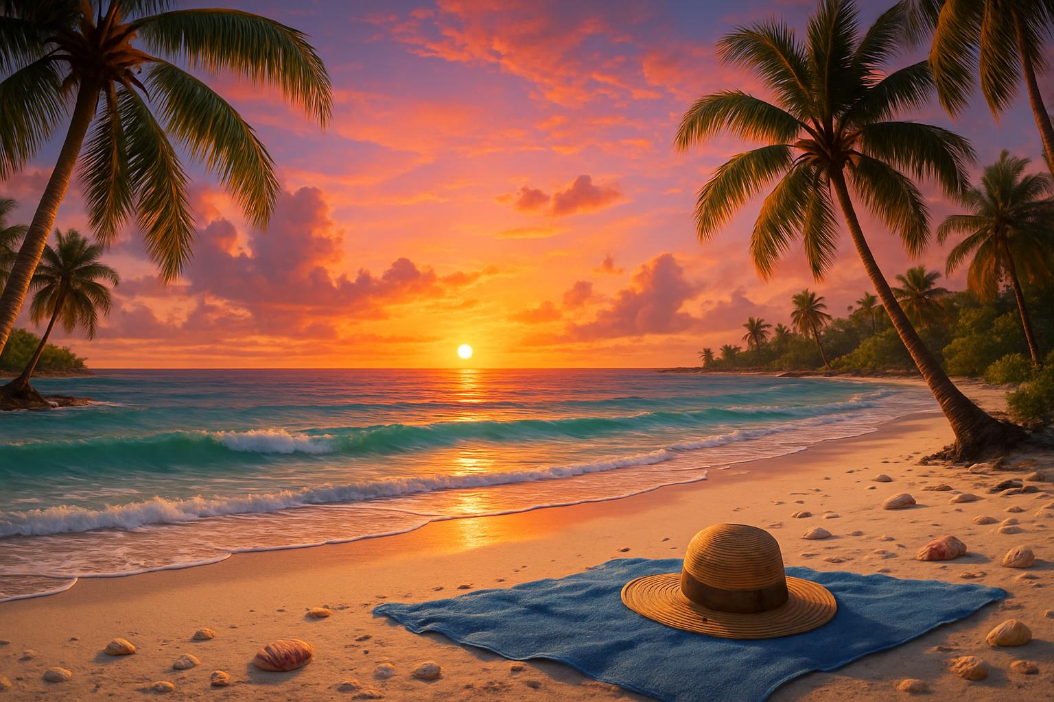 A serene tropical beach at sunset, with soft waves gently lapping at the shore. The sky is painted i