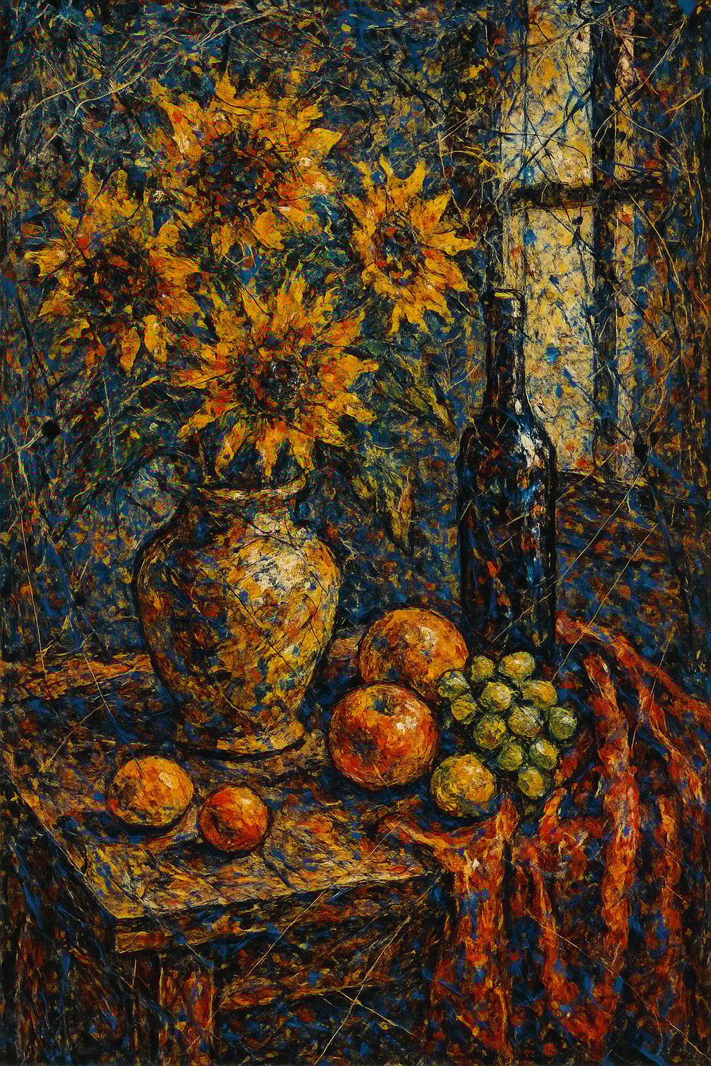 Still life with ceramic vase of sunflowers, fresh fruits, wine bottle, draped velvet fabric on woode