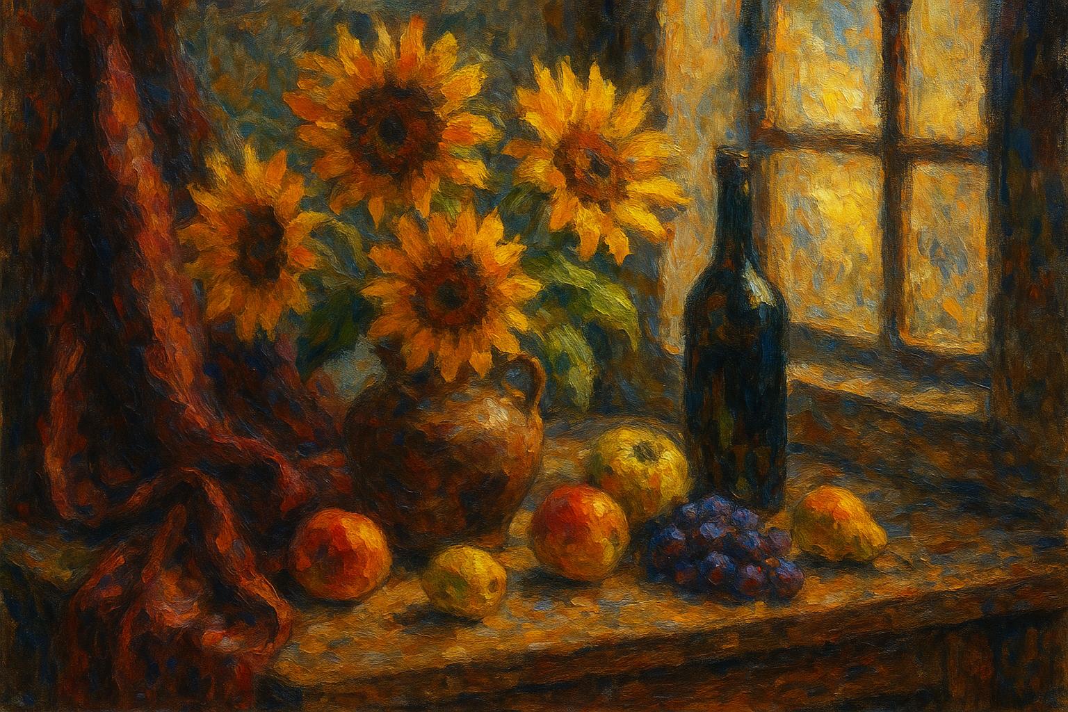 Still life with ceramic vase of sunflowers, fresh fruits, wine bottle, draped velvet fabric on woode