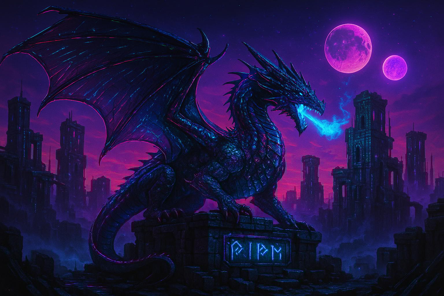 Majestic dragon perched on ancient stone ruins at sunset, massive wings spread, scales shimmering wi