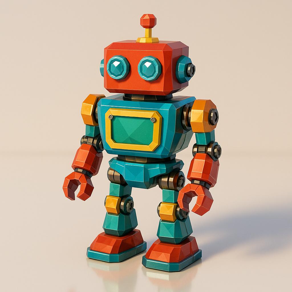 Colorful toy robot standing on reflective surface, metallic and plastic materials, studio lighting, clean background, vi